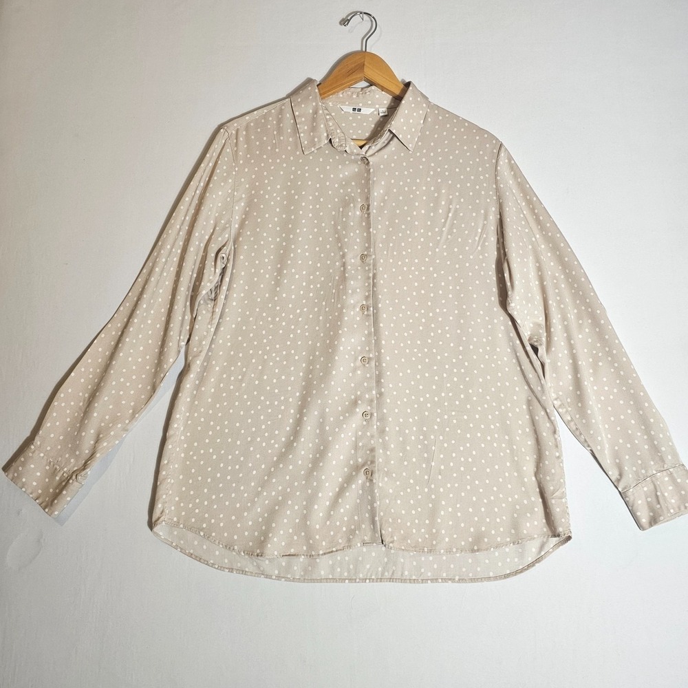 Uniqlo Cottagecore Beige Polka Dot Rayon Blouse Long Sleeve Button Up Blouse L